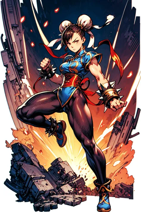 1girl, solo, full body, <lora:Chun li:0.3>, chun-li, dynamic posture, spike bracelet, black transparent pantyhose, fighting stance, chinese street, <lora:add_detail:0.7>,