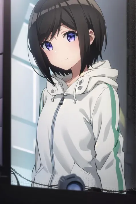 chihirohashima, <lora:chihiro hashima s1-lora-nochekaiser:1>,
chihiro hashima, short hair, black hair, (purple eyes:1.1), smile,
BREAK jacket, pants, hood, hoodie, denim, jeans,
BREAK indoors,
BREAK looking at viewer, (cowboy shot:1.5),
BREAK <lyco:GoodHands-beta2:1>, (masterpiece:1.2), best quality, high resolution, unity 8k wallpaper, (illustration:0.8), (beautiful detailed eyes:1.6), extremely detailed face, perfect lighting, extremely detailed CG, (perfect hands, perfect anatomy),