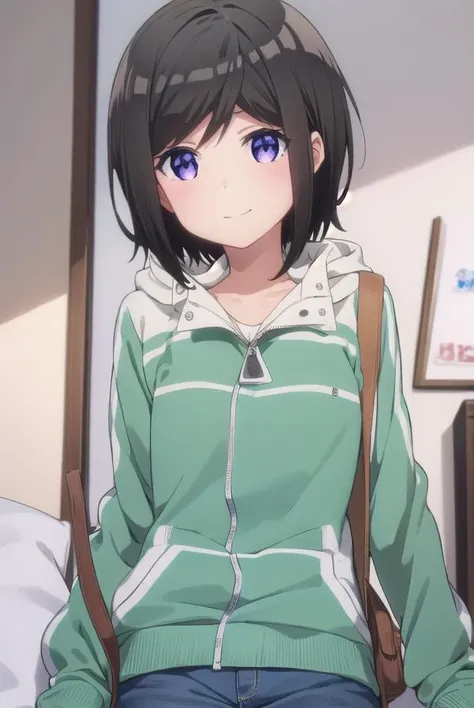 chihirohashima, <lora:chihiro hashima s1-lora-nochekaiser:1>,
chihiro hashima, short hair, black hair, (purple eyes:1.1), smile,
BREAK jacket, pants, hood, hoodie, denim, jeans,
BREAK indoors,
BREAK looking at viewer, (cowboy shot:1.5),
BREAK <lyco:GoodHands-beta2:1>, (masterpiece:1.2), best quality, high resolution, unity 8k wallpaper, (illustration:0.8), (beautiful detailed eyes:1.6), extremely detailed face, perfect lighting, extremely detailed CG, (perfect hands, perfect anatomy),