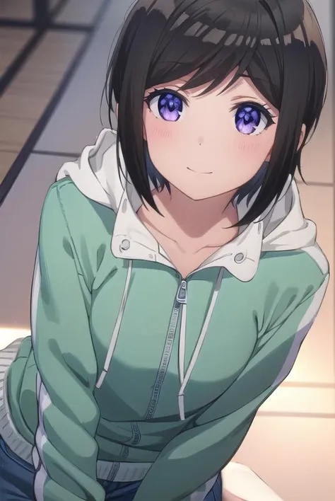chihirohashima, <lora:chihiro hashima s1-lora-nochekaiser:1>,
chihiro hashima, short hair, black hair, (purple eyes:1.1), smile,
BREAK jacket, pants, hood, hoodie, denim, jeans,
BREAK indoors,
BREAK looking at viewer, (cowboy shot:1.5),
BREAK <lyco:GoodHands-beta2:1>, (masterpiece:1.2), best quality, high resolution, unity 8k wallpaper, (illustration:0.8), (beautiful detailed eyes:1.6), extremely detailed face, perfect lighting, extremely detailed CG, (perfect hands, perfect anatomy),
