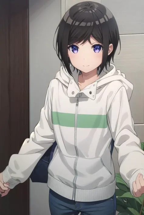 chihirohashima, <lora:chihiro hashima s1-lora-nochekaiser:1>,
chihiro hashima, short hair, black hair, (purple eyes:1.1), smile,
BREAK jacket, pants, hood, hoodie, denim, jeans,
BREAK indoors,
BREAK looking at viewer, (cowboy shot:1.5),
BREAK <lyco:GoodHands-beta2:1>, (masterpiece:1.2), best quality, high resolution, unity 8k wallpaper, (illustration:0.8), (beautiful detailed eyes:1.6), extremely detailed face, perfect lighting, extremely detailed CG, (perfect hands, perfect anatomy),