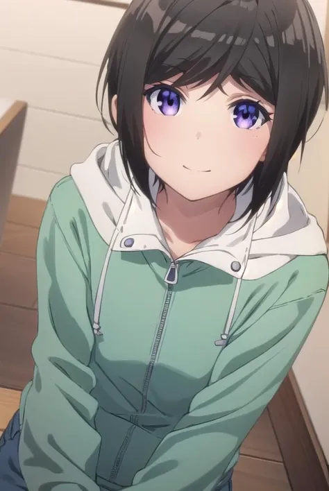 chihirohashima, <lora:chihiro hashima s1-lora-nochekaiser:1>,
chihiro hashima, short hair, black hair, (purple eyes:1.1), smile,
BREAK jacket, pants, hood, hoodie, denim, jeans,
BREAK indoors,
BREAK looking at viewer, (cowboy shot:1.5),
BREAK <lyco:GoodHands-beta2:1>, (masterpiece:1.2), best quality, high resolution, unity 8k wallpaper, (illustration:0.8), (beautiful detailed eyes:1.6), extremely detailed face, perfect lighting, extremely detailed CG, (perfect hands, perfect anatomy),