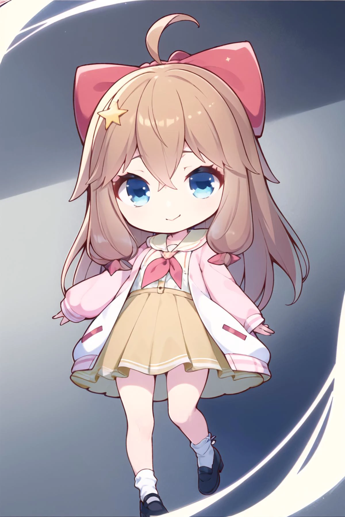masterpiece, best quality, 1girl, solo, dynamic pose, brown hair, blue eyes, (official dress), jacket, pink hair bow, <lora:jiaranV11_0.75_V12_0.25:1>, <lora:yuzusoft-chibi:0.8>, chibi, light smile, simple background, dynamic angle, full body, white socks, outstretched arms, neckerchief,