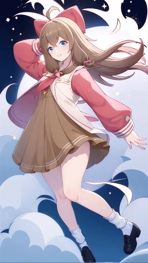 masterpiece, best quality, 1girl, solo, <lora:jiaranV11_0.75_V12_0.25:1>, jiaran, (official dress:1.5), blue eyes, brown hair, pink hair bow, jacket, neckerchief, long hair, brown skirt, white socks, dynamic pose, simple background, dynamic angle, floating hair, full body, <lora:genshin-char-wish:0.6>, floating hair,