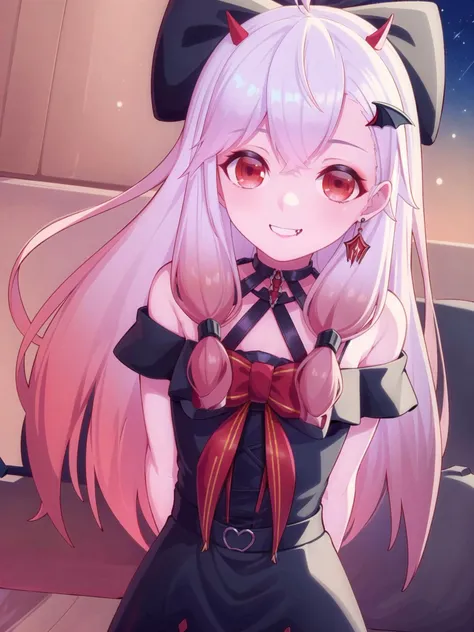 masterpiece, best quality, 1girl, solo, <lora:jiaranV11_0.75_V12_0.25:1>, jiaran, (vampire dress:1.5), hair bow, pink hair, gradient hair, red eyes, black skirt, light smile, (arms behind back), full body, night, starry sky, looking at viewer