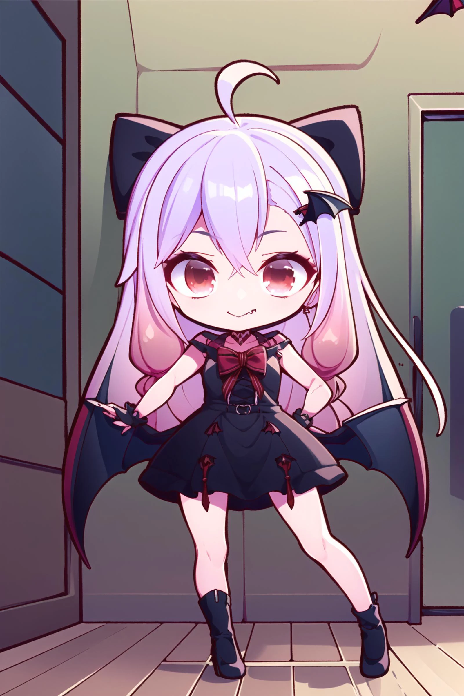 masterpiece, best quality, 1girl, solo, <lora:jiaranV11_0.75_V12_0.25:1>, jiaran, (vampire dress:1.5), hair bow, pink hair, gradient hair, red eyes, black skirt, light smile, full body, dynamic pose, closed mouth, <lora:yuzusoft-chibi:1>