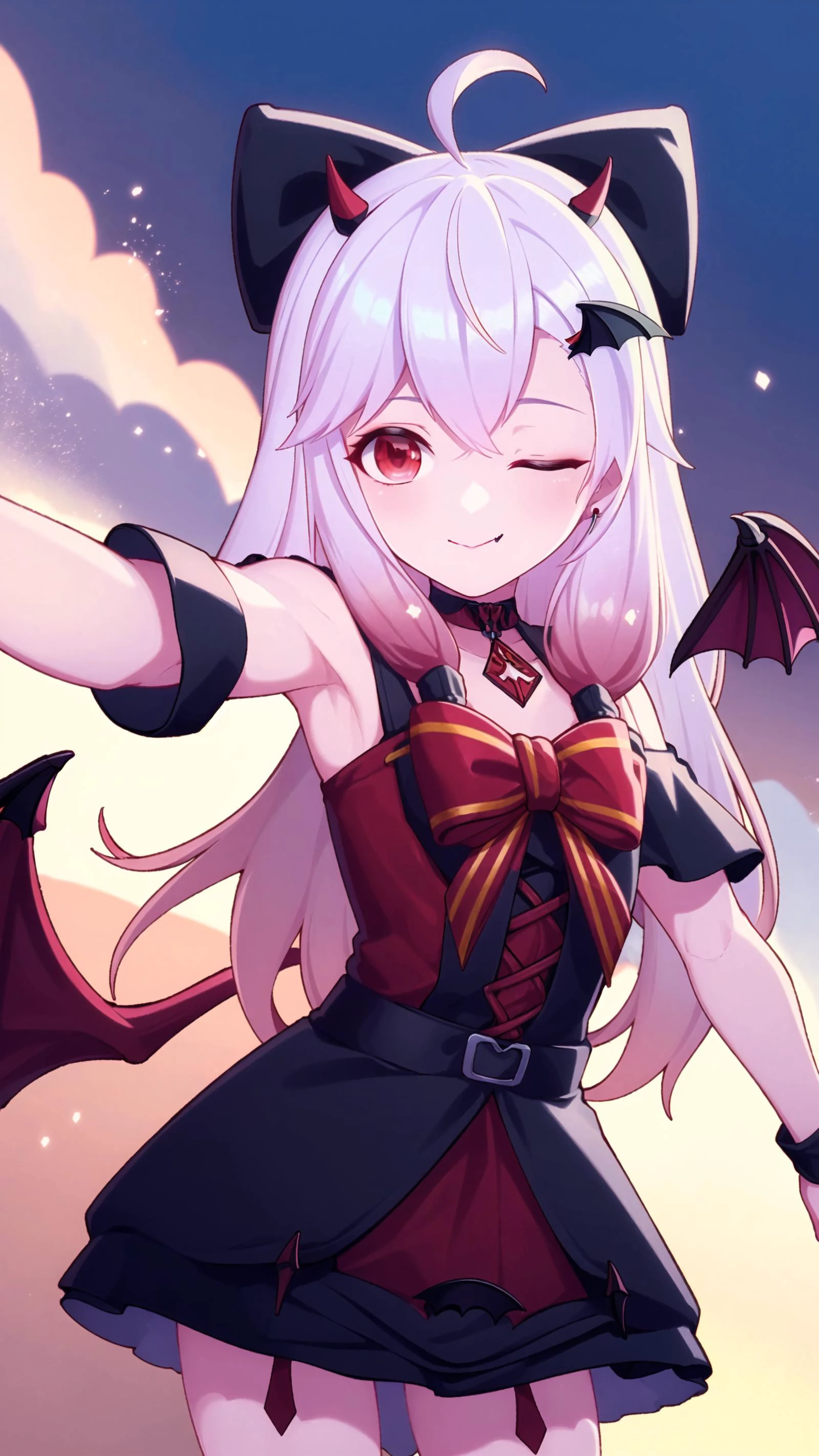 masterpiece, best quality, 1girl, solo, <lora:jiaranV11_0.75_V12_0.25:1>, jiaran, (vampire dress:1.5), hair bow, pink hair, gradient hair, red eyes, black skirt, one eye closed, closed mouth, dynamic pose, reaching towards viewer, dynamic angle, floating hair, cowboy shot, selfie, <lora:genshin-char-wish:0.6>