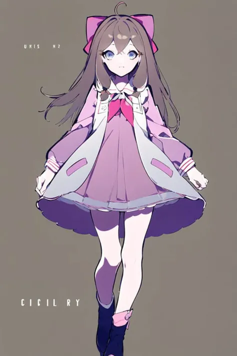 masterpiece, best quality, 1girl, solo, <lora:jiaranV23:1>, jiaran, (official dress:1.5), blue eyes, brown hair, pink hair bow, neckerchief, simple_background, closed_mouth, monochrome, full body, fingernails, purple_background, <lora:mochidukikei:1>, expressionless,
