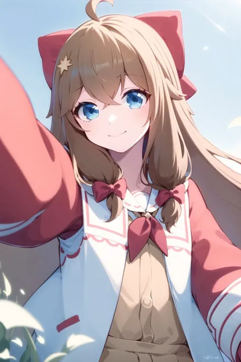 masterpiece, best quality, 1girl, solo, dynamic pose, brown hair, blue eyes, long hair, red hair bow, <lora:jiaranV23>, light smile, closed mouth, reaching out, floating hair, meadow, reaching towards viewer, selfie,