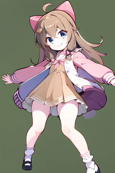 masterpiece, best quality, 1girl, solo, dynamic pose, brown hair, blue eyes, (official dress), jacket, pink hair bow, <lora:jiaranV23:1>,  <lora:yuzusoft-chibiV2:0.8>, chibi, light smile, simple background, dynamic angle, full body, white socks, outstretched arms, neckerchief,