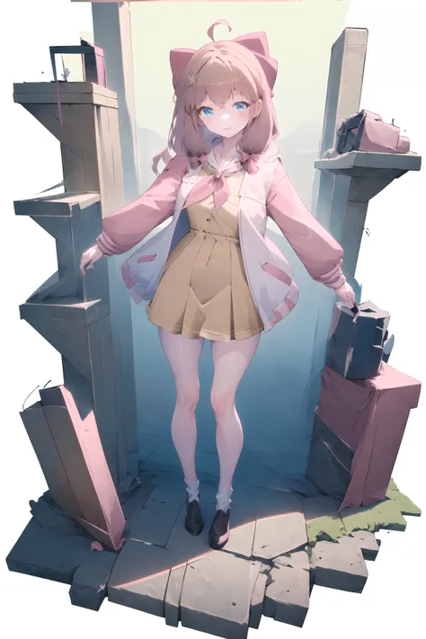 masterpiece, best quality, 1girl, solo, <lora:jiaranV23:1>, jiaran, (official dress:1.5), pink hair bow, brown hair, jacket, neckerchief, dynamic pose, dynamic angle, floating hair,  <lora:gachaSplashLORA_gachaSplash:1>, [(white background:1.5)::5], (bottle bottom:0.9), 1 girl, mid shot, full body,