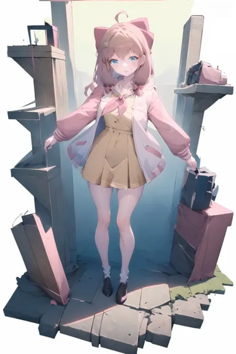 masterpiece, best quality, 1girl, solo, <lora:jiaranV23:1>, jiaran, (official dress:1.5), pink hair bow, brown hair, jacket, neckerchief, dynamic pose, dynamic angle, floating hair,  <lora:gachaSplashLORA_gachaSplash:1>, [(white background:1.5)::5], (bottle bottom:0.9), 1 girl, mid shot, full body,