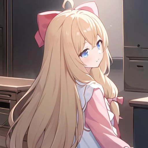 1girl, bow, hair_bow, long_hair, ahoge, solo, pink_bow, red_bow, indoors, desk, blonde_hair,masterpiece, best quality, masterpiece,best quality,official art,extremely detailed CG unity 8k wallpaper, looking back,