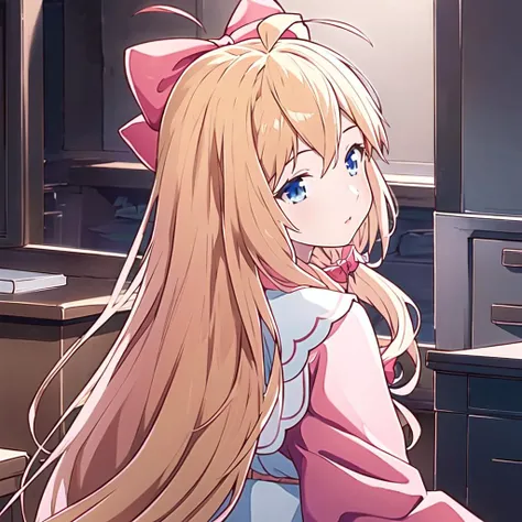 1girl, bow, hair_bow, long_hair, ahoge, solo, pink_bow, red_bow, indoors, desk, blonde_hair,masterpiece, best quality, masterpiece,best quality,official art,extremely detailed CG unity 8k wallpaper, looking back, blue eyes, (anime:1.0),(2D:1.0)