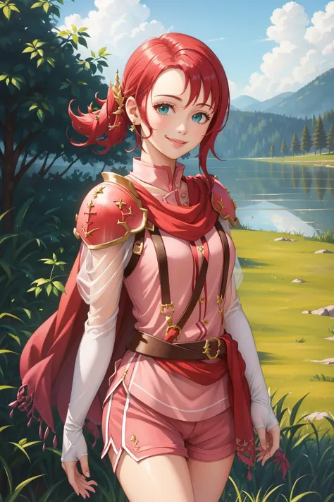 masterpiece, best quality, norne, hair ornament, shoulder armor, pink dress, shorts, red cape, earrings, upper body, looking at viewer, lake, trees, grass, sky, clouds, smile <lora:norne-nvwls-v1-000012:0.9>