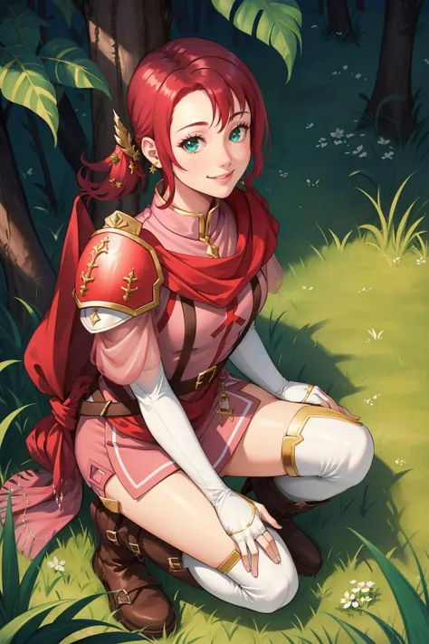 masterpiece, best quality, norne, hair ornament, shoulder armor, pink dress, shorts, white thighhighs, red cape, earrings, upper body, boots, crouching, looking up, looking at viewer, from above, smile, trees, bushes, forest, grass <lora:norne-nvwls-v1-000012:0.9>