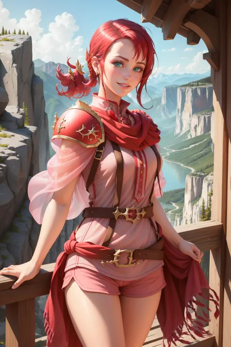 masterpiece, best quality, norne, hair ornament, shoulder armor, pink dress, shorts, red cape, earrings, cowboy shot, looking at viewer, walking, from side, smile, closed mouth, mountains, cliffs <lora:norne-nvwls-v1-000012:0.9>, masterpiece, best quality