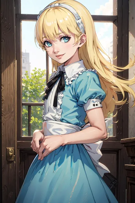 masterpiece, best quality, solo, 1boy, looking at viewer, smile,  <lora:zs_Teddie:1>, teddiep4,  <lora:za_Alice:0.8> , dress, long hair, hairband, blunt bangs, puffy sleeves, aqua dress,