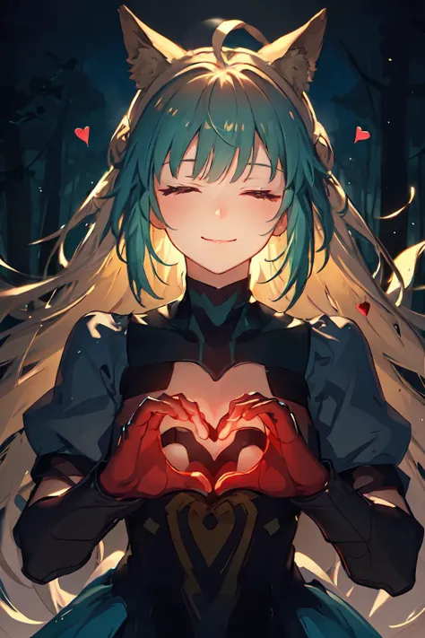(masterpiece, best quality), forest, night, blue light particles, detailed illustration, night sky, <lora:atalantaCharacterLora_v10:1>, closed eyes, smile, (heart hands:1.4),