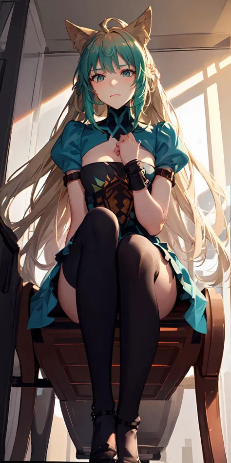 Masterpiece, full hd 8k, highly detailed, genshin impact style, fantasy style, solo, princess, elf girl, Brown long hair, hime_cut style, blue eyes, full-body, elfic outfit, green shirt, pink mini skirt, squatinng, siting, open legs, white pantys, upskirt, crotch exposed, tight highs, goldes heels shoes, forest,