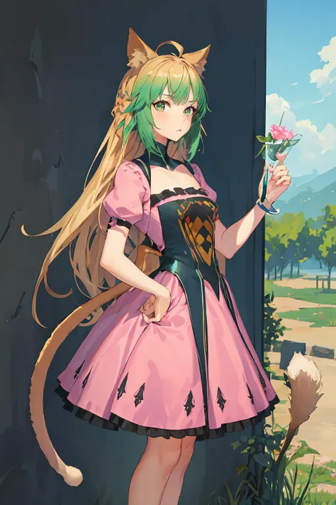 (masterpiece, best quality), <lora:atalantaCharacterLora_v10:1>, tail, dress, (pink dress, frilled dress), cute dress, leaning against a wall, one hand on her hip and the other holding onto her tail, outdoors, grabbing own tail, tail grab,