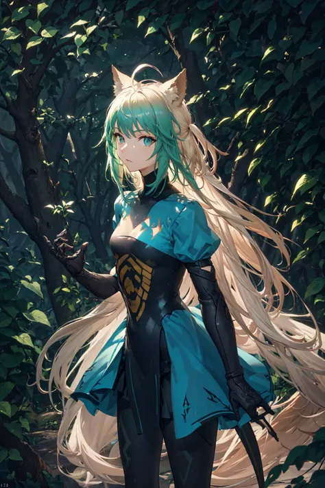 <lora:atalantaCharacterLora_v10:1>, standing, looking at viewer, tail, outdoors, forest, hyper detailed, intricate detail, highres, ultra detailed, detailed hands, dynamic view, (masterpiece, sidelighting, finely detailed beautiful eyes: 1.2),