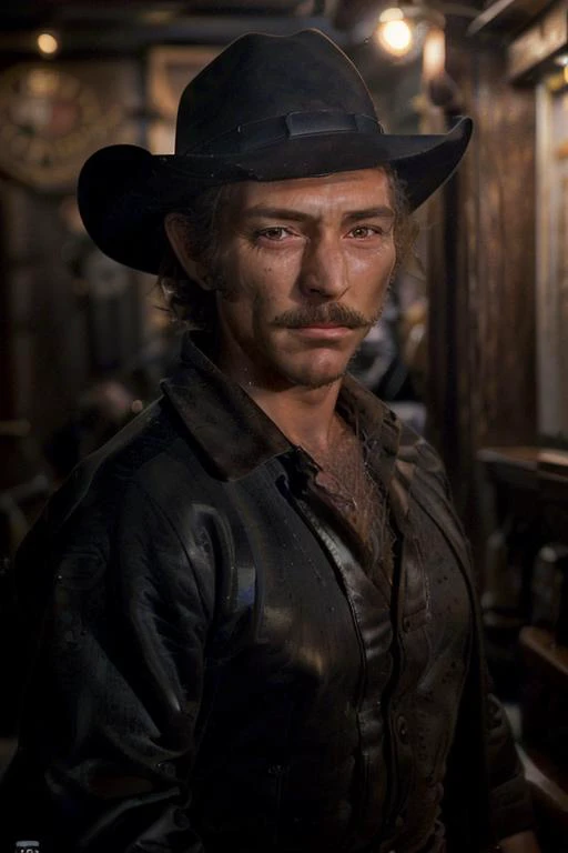 Cover, editorial picture of a man dressed like a cowboy at a saloon bar, (((short hair))), <lora:LeeVanCleef:1>, luminism, dim lighting, oil lamp light, complex, half body portrait, 8k, HDR, magazine photoshoot, <lora:epi_noiseoffset2:0.9>, <lora:Elixir:0.8>, RAW, (highly detailed skin:1.5), pores, photo realistic, realistic texture, (highly detailed hair:1.5), <lyco:locon_perfecteyes_v1_from_v1_64_32:0.7>, <lora:rz884n4l0g_15:0.7>