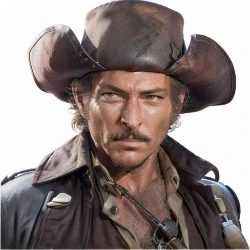 (lvc1), headshot, man, solo, man in pirate wide brimed hat and high seas adventure costume,   full body, full body shot, white background, no background, PNG, natural lighting, no shadows, ultra detailed, hyperrealistic, 80mm, 4k, 8k, 8k realistic, sharp focus, intricate, high resolution  <lora:LeeVanCleef-10:1>
