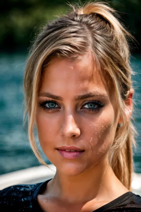RAW, real photo portrait, jst , on a boat, (wearing a wet black t-shirt), pretty face, insanely detailed eyes, light blonde hair, high ponytail, bokeh, natural light, depth of field, golden hour, sharp focus<lyco:JessicaSt-RealVision-V1.0:1.0>