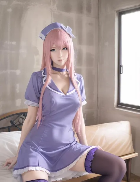 1girl,  blue_eyes, choker,  (megurine_luka:1.2), dress, legs, large_breasts, cleavage, very_long_hair, vaginal, (nipple_erect:1.4), pink_hair, purple_legwear, sitting, solo, spread_legs, thighhighs, 
<lora:nurse-luka-20:0.5>