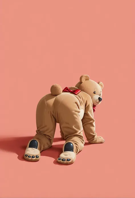 score_9,score_8_up,score_7_up,8k,hd,red background,full body,all fours,,ruanyi0606,bear costume,red bowtie,teddy bear,from behind,bear tail,<lora:0606 Stellar Bladeï¼Plush Bearï¼_v1_pony:0.8>