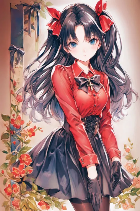 1girl, solo, tohsaka rin, red shirt, cross, long hair, skirt, shirt, white background, gloves, black skirt, necklace, jewelry, simple background, looking at viewer, bow, black hair, bangs, long sleeves, two side up, corset, black gloves, blue eyes, hair bow, ribbon, pantyhose, cross necklace, black pantyhose, latin cross, closed mouth, parted bangs, bowtie, black bow, hair ribbon, red bow,traditional media,<lora:Yogisya_XL:0.9>,