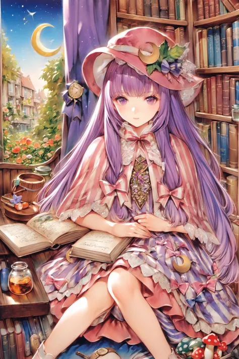 1girl, book, patchouli knowledge, crescent, solo, hat, dress, flower, purple eyes, striped dress, long hair, bookshelf, mushroom, purple hair, embellished costume, sitting, striped, loaded interior, jar, shelf, lace, food, bow, capelet,traditional media,<lora:Yogisya_XL:0.9>,