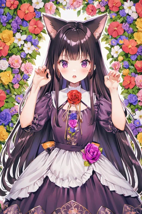 1girl,gokou ruri,animal ears,long hair,solo,mole under eye,black hair,cat ears,paw pose,mole,purple eyes,dress,blush,black dress,hime cut,open mouth,flower,purple rose,<lora:Yogisya_XL:0.8>,