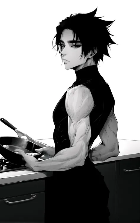 (masterpiece, best quality:1.4), insaneres, absurdres, solo, looking at viewer,BREAK
ARTSTYLE_NoirAestheticAnime_BW_ownwaifu, solo, looking at viewer, short hair, simple background, shirt, 1boy, white background, closed mouth, monochrome, greyscale, male focus, muscular, turtleneck, crossed arms, muscular male, spiked hair, veins
(looking back, from behind), cooking, frying pan, kitchen, indoors, <lora:ARTSTYLE_NoirAestheticAnime_BW_ownwaifu_FULL:0.8> , depth of field