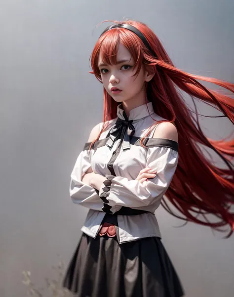 best quality, masterpiece, (detailed), realistic, photo realistic, closeup, <lora:more_details:0.6>, <lora:eris:1>,erisc, 1girl,red hair,long hair,hairband,ahoge,red eyes,white shirt,bare shoulders, long sleeves,black skirt, frilled skirt,white pantyhose, crossed arms,angry,grey background,