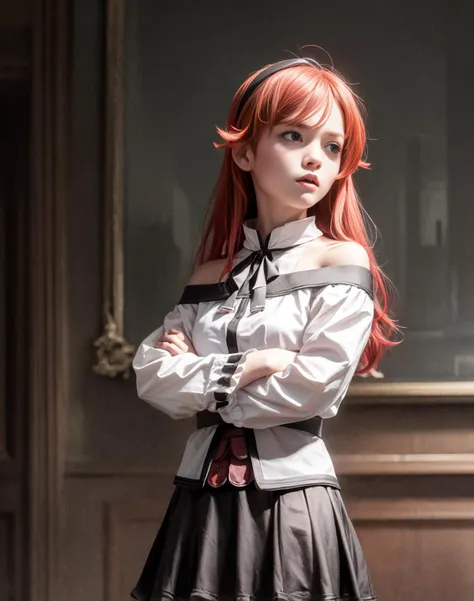 best quality, masterpiece, (detailed), realistic, photo realistic, closeup, <lora:more_details:0.6>, <lora:eris:1>,erisc, 1girl,red hair,long hair,hairband,ahoge,red eyes,white shirt,bare shoulders, long sleeves,black skirt, frilled skirt,white pantyhose, crossed arms,angry,grey background,