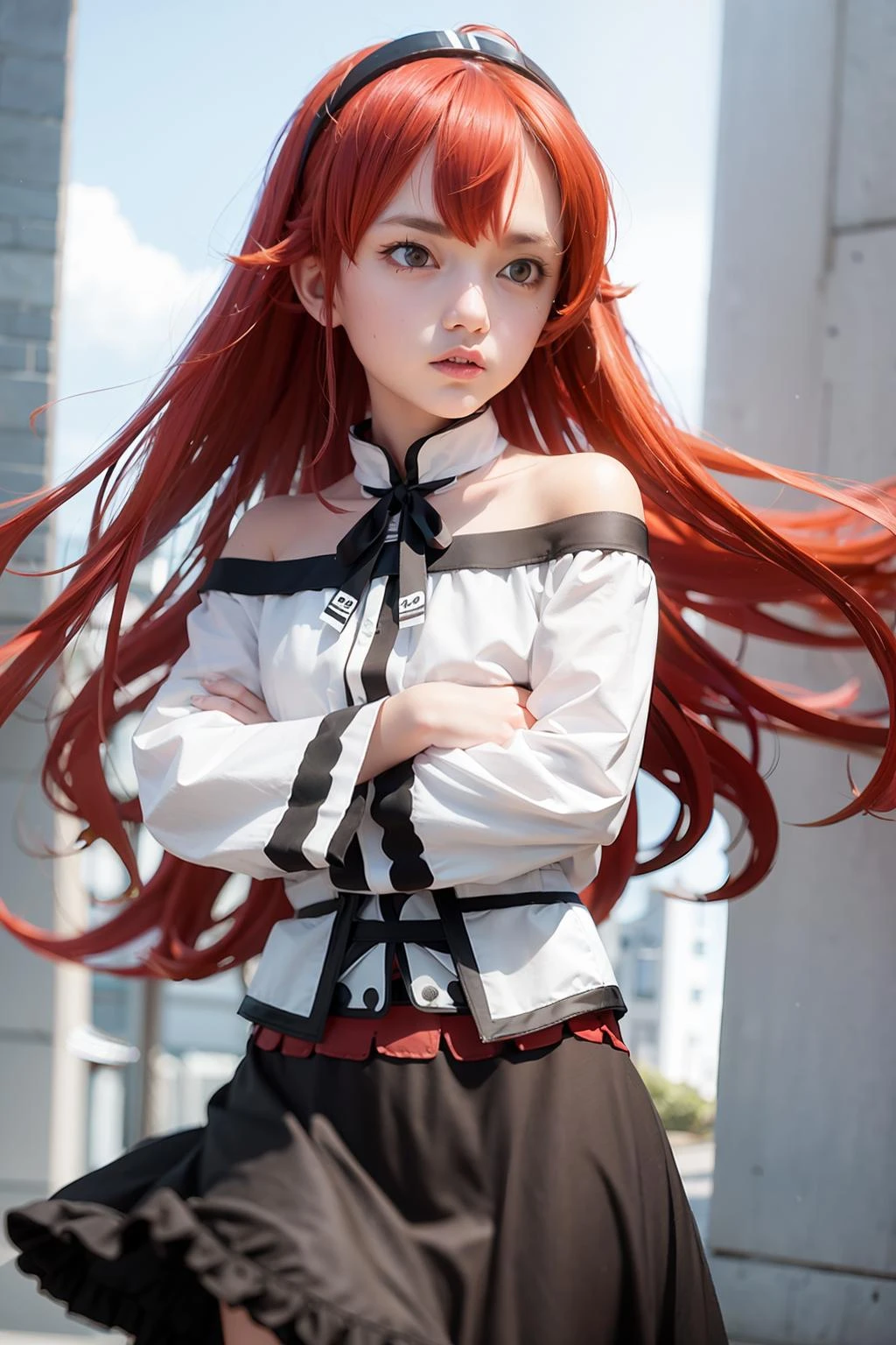 masterpiece, best quality, <lora:eris:1>,erisc, 1girl,red hair,long hair,hairband,ahoge,red eyes,white shirt,bare shoulders, long sleeves,black skirt, frilled skirt,white pantyhose, crossed arms,angry,