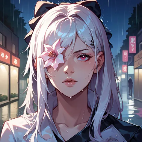 score_9, score_8_up, score_7_up, <lora:z3r0dr4:1> z3r0dr4, 1girl, lo-fi,female focus,oversized jacket,white pants,wet, rain, night, reflections, street,portrait,wet face