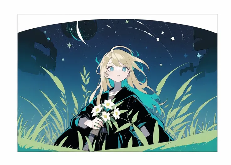 best quality,highly detailed, ultra-detailed, masterpiece, 8k wallpaper,,,(giast:1.7),(white background:1.2),colorful
rim light,(letterboxed:1.2), dark,night,star \(sky\), looking away, serafuku, grass,cowboy shot, (very wide shot:1.1),from below,
1girl,blonde hair, blue eyes, long hair, shy, looking at viewer, upper body, outdoors, nature, dark,night,holding flower,
<lora:Chimera Series Z Number Furnace - Ver - GI:1>