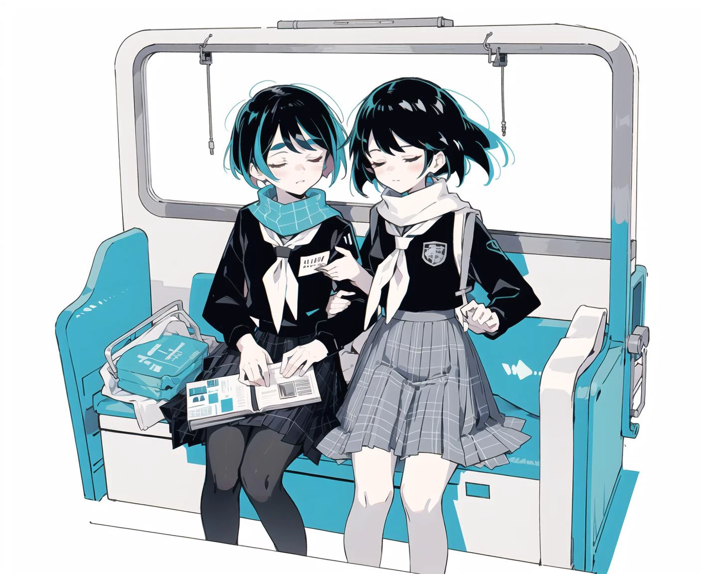 best quality,highly detailed, ultra-detailed, masterpiece, 8k wallpaper,,,(giast:1.7),(white background:1.2),colorful
scarf, sleeping, school uniform, black hair, bag, skirt, closed eyes, pantyhose, sitting, flat color, school bag, plaid, neckerchief, red neckwear, train interior, sleeping upright, long hair, black legwear, long sleeves, jacket, instrument case, pleated skirt, serafuku, plaid skirt, guitar case, short hair, yuri
<lora:Chimera Series Z Number Furnace - Ver - GI:1>
