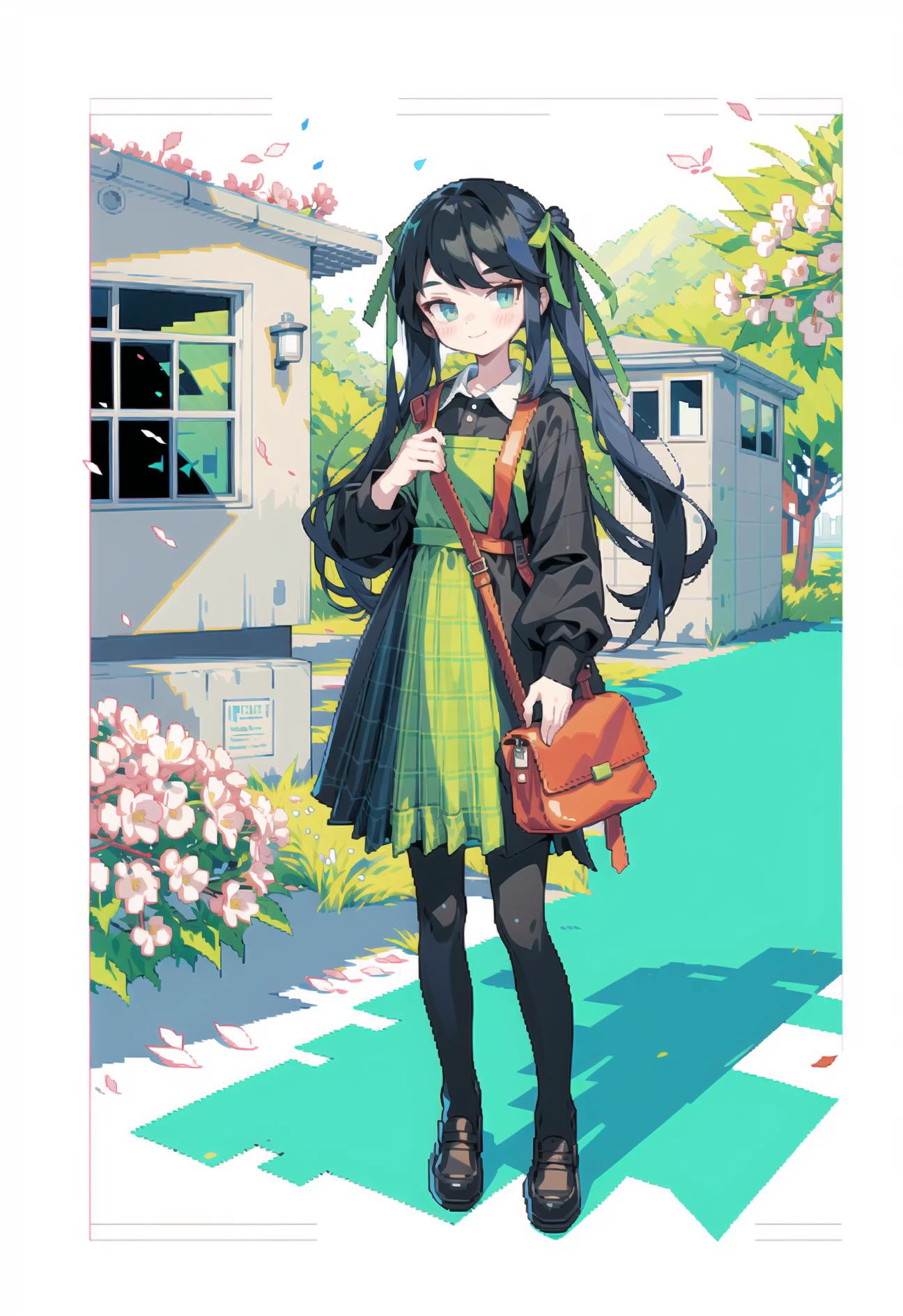 best quality,highly detailed, ultra-detailed, masterpiece, 8k wallpaper,,,(giast:1.7),(white background:1.2),
1girl, pantyhose, braid, solo, long hair, twin braids, black legwear, shoes, blue hair, looking at viewer, outdoors, petals, dress, blue eyes, black footwear, long sleeves, window, cherry blossoms, white shirt, shirt, bag, plaid, flower, day, standing, building, loafers, bangs, ribbon, apron, plaid dress, brick wall, smile, hair ribbon, closed mouth, full body, twintails, blush, sunlight, sign, very long hair, shoulder bag, eyebrows visible through hair, pink flower, green apron,(pixel art:1.3),
<lora:Chimera Series Z Number Furnace - Ver - GI:1>