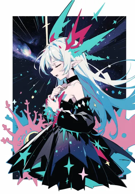 best quality,highly detailed, ultra-detailed, masterpiece, 8k wallpaper,,,(giast:1.7),(white background:1.2),colorful
1girl, long hair, solo, dress, closed eyes, floating hair, singing, hands on own chest, pointy ears, music, gradient, gradient background, virtual youtuber, open mouth, bare shoulders, hair ornament, hand on own chest, choker, breasts, bangs, white dress, blue background, frills, flower, frilled dress, detached sleeves, very long hair, gloves, strapless, strapless dress,from side,
(scarlet dust clouds: 1.4)|(plasma tendrils:1.35):2.5)(pulsating stars:1.45):1.3] ,[dark space] , ( lens flare:1.2) ,( stardust:1.25), (cosmic rays:1.1)
<lora:Chimera Series Z Number Furnace - Ver - GI:1>