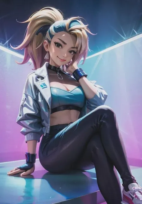 masterpiece, good quality, best quality, very awa, very as2, absurdres, highres
 <lora:KDAAkaliIlluLoRA:1>Allout, akli, long hair, multicolored hair, ponytail, blue eyes, earrings, eyebrow cut, choker, crop top, crop jacket, fingerless gloves, midriff, belt, pants, shoes, makeup, nail polish, stage, color spotlights