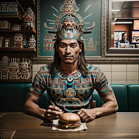 <lora:Aztaka:1> SD_MAI, Aztec civilization, a closeup of a man sitting at a table in a fast food restaurant eating a hamburger