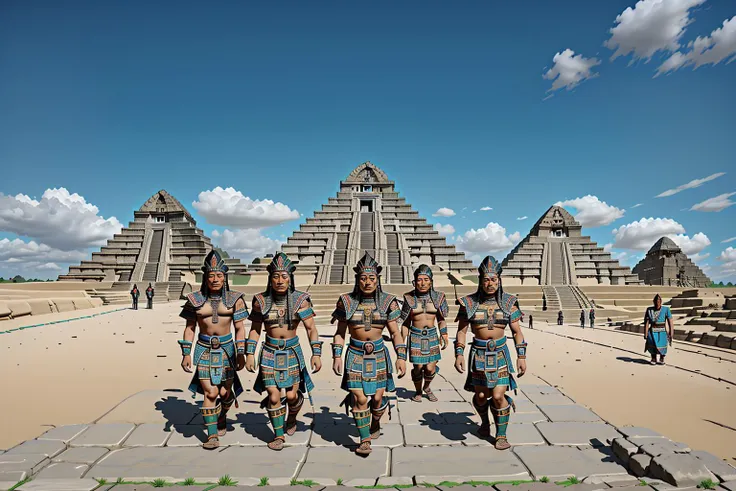 <lora:Aztaka:1> SD_MAI, Aztec civilization, a group of priests walking along an open grassy pathway between two pyramids on a sunny day, blue skies, clouds