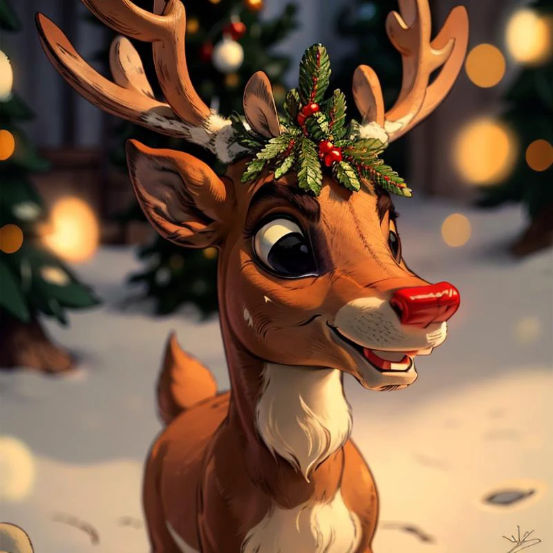 <lora:Alex_Ahad_Style:0.8>,((masterpiece,best quality)), <lora:Rudolf_Red_Nose:0.8>, Rudolf_Red_Nose, solo, Reindeer, animal focus, full body, solo, smile, looking at viewer, Christmas, Christmas tree