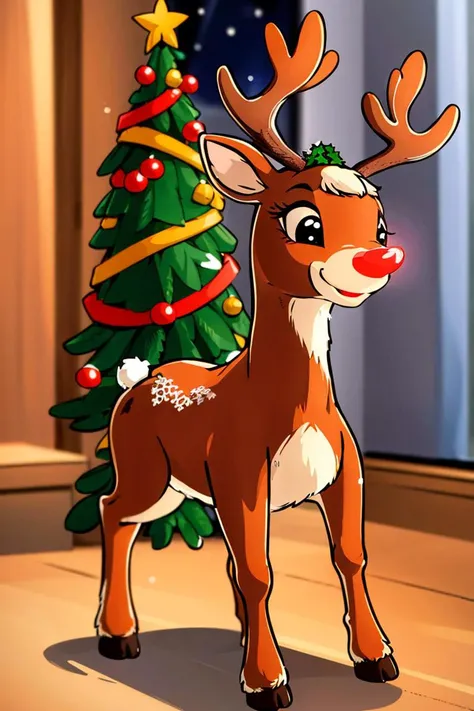 <lora:hoshino_fuuta_style:0.8>,((masterpiece,best quality)), absurdres, <lora:Rudolf_Red_Nose:0.8>, Rudolf_Red_Nose, solo, puppet, Reindeer, animal focus, full body, solo, smile, looking at viewer, Christmas, Christmas tree