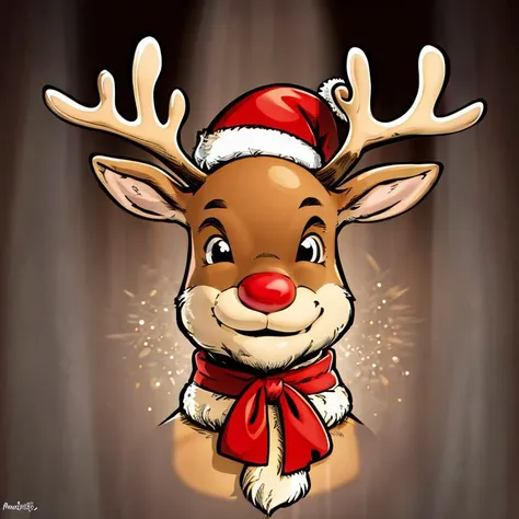 <lora:Toriyama_Akira_Style:0.8>,((masterpiece,best quality)), absurdres, <lora:Rudolf_Red_Nose:0.8>, Rudolf_Red_Nose, solo, Reindeer, animal focus, upper body, portrait, solo, smile, looking at viewer, Christmas, Christmas tree