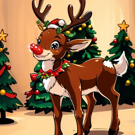 <lora:hoshino_fuuta_style:0.8>,((masterpiece,best quality)), absurdres, <lora:Rudolf_Red_Nose:0.8>, Rudolf_Red_Nose, solo, Reindeer, animal focus, full body, solo, smile, looking at viewer, Christmas, Christmas tree